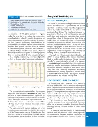 167
FERRARARINGFigure 16-5: Q (asphericity) variation according to ring thickness
TABLE 16-8 Ferrara ring Nomogram: step-by-step
1. Define the keratoconus type: sag, bowtie or nipple.
2. Distribution of the ectasic area in the cornea: 0/100, 25/
75, 50/50 and 33/66.
3. Corneal asphericity (Q).
4. Topographic astigmatism.
5. Pachymetry at incision site and ring track.
(asymmetric) – (0/100, 25/75 and 33/66 – Figure
16-2). The next step is to evaluate the preoperative
corneal asphericity value (Q), which is desirable but not
indispensable, as most corneal topographers do not show
this data. However, preliminary data shows that the
corneal asphericity may be linked to quality of vision,
therefore, when possible this data should be obtained
by corneal tomographers (Orbscan® and Pentacam®),
to achieve the best possible visual results. We have
described (unpublished study) that for each ring segment
there is a correspondent Q value reduction (Figure
16-5). A target postoperative Q value closest possible
of -0.23 is the goal after Ferrara ring implantation.
The topographic astigmatism defines the thickness
of the rings to be implanted (Tables 16-4 to 16-6). The
only type of keratoconus that does not depend on the
topographic astigmatism for ring selection is the nipple
conus. In this case the spherical equivalent defines the
thickness of the ring to be implanted, which should be
a 210-arc ring, which is indicated exclusively for this
type of keratoconus.18
The pachymetry at the incision site (steep axis of the
cornea) must be determined. The incision depth must
be 80% of the cornea thickness at the incision site. The
pachymetry should me measured in all ring track to avoid
superficial rings, which could lead to future extrusion.
Surgical Techniques
MANUAL TECHNIQUES
The surgery is performed under topical anesthesia after
miosis achieved with 2% pilocarpine. An eyelid
speculum is used to expose the eye and 2.5% povidone
iodine eyedrops is instilled into the cornea and
conjunctival cul-de-sac. The visual axis is marked by
pressing the Sinskey hook on the central corneal
epithelium while asking the patient to fixate on the
corneal light reflex of the microscope light. Using a
marker tinted with gentian-violet tinted, a 5.0 mm optical
zone and incision site are aligned to the desired axis
in which the incision will be made. This site can be the
steepest topographic axis of the cornea (in case of
implantation of two segments) or 90° (in case of
implantation of only one segment – one of the tips of
the ring must be located on the steepest axis).
The depth of a 1.0 mm, square diamond blade is set
at 80% of corneal thickness at the incision site and this
blade is used to make the incision. Using a “stromal
spreader”, a pocket is formed in each side of the incision.
Two(clockwiseandcounterclockwise)270°semicircular
dissecting spatulas are consecutively inserted through
the incision and gently pushed with some, quick, rotary
“back and forth” tunneling movements. Following
channel creation, the ring segments are inserted using
a modified McPherson forceps. The rings are properly
positioned with the aid of a Sinskey hook.
FEMTOSECOND LASER TECHNIQUE
The femtosecond laser (IntraLase Corp.) has been
recently introduced in clinical practice whose surgical
effect via photodisruption can be used as an alternative
to traditional mechanical techniques. Several recent
papers21-24
have reported its efficacy and safety for tunnel
creation and intrastromal rings implantation. The
femtosecond laser can easily and quickly create a
predetermined depth and channel size.
There is controversy over channel size nomograms
with the technique. Some authors conclude that more
effect can be achieved by making the stromal channels
narrower than the ring size, leading to faster visual
results.25
The use of the femtosecond laser in corneal tunnel
creation made the procedure faster, easier (especially
for inexperienced surgeons), and more comfortable for
the patient. However, the main advantage of IntraLase-
 
