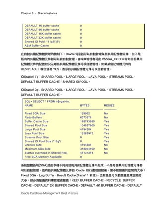 Chapter 3 – Oracle Instance
Oracle Database Management Best Practice
DEFAULT 4K buffer cache 0
DEFAULT 8K buffer cache 0
DEFAULT 16K buffer cache 0
DEFAULT 32K buffer cache 0
Shared IO Pool /*11g新增*/ 0
ASM Buffer Cache 0
在自動共用記憶體管理的機制下，Oracle 伺服器可以自動管理某些共用記憶體元件，但不是
所有的共用記憶體元件都可以被自動管理。資料庫管理者可由 V$SGA_INFO 中得知目前共用
記憶體元件的配置狀況及哪些共用記憶體元件可以自動管理。如果某個記憶體元件的
RESIZEABLE 欄位值為 YES，表示該共用記憶體元件可以自動管理。
◎Oracle11g：SHARED POOL、LARGE POOL、JAVA POOL、STREAMS POOL、
DEFAULT BUFFER CACHE、SHARED IO POOL。
◎Oracle10g：SHARED POOL、LARGE POOL、JAVA POOL、STREAMS POOL、
DEFAULT BUFFER CACHE。
SQL> SELECT * FROM v$sgainfo;
NAME BYTES RESIZE
------------------------------------------------------ ----------------------- ------------
Fixed SGA Size 129962 No
Redo Buffers 6373376 No
Buffer Cache Size 188743680 Yes
Shared Pool Size 104857600 Yes
Large Pool Size 4194304 Yes
Java Pool Size 12582912 Yes
Streams Pool Size 0 Yes
Shared IO Pool Size /*11g*/ 0 Yes
Granule Size 4194304 No
Maximum SGA Size 318054400 No
Startup overhead in Shared Pool 46137344 No
Free SGA Memory Available 0
系統整體區域(SGA)是由多種不同用途的共用記憶體元件所組成，不是每個共用記憶體元件都
可以自動管理，也有些共用記憶體元件自 Oracle 執行處理啓動後，便不能變更其空間的大小：
Fixed SGA、Log Buffer、Result Cache(Oracle11 新增)。也有些是可以動態變更其空間的
大小，但必須是由資料庫管理者變更：KEEP BUFFER CACHE、RECYCLE BUFFER
CACHE、DEFAULT 2K BUFFER CACHE、DEFAULT 4K BUFFER CACHE、DEFAULT
 