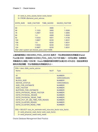 Chapter 3 – Oracle Instance
Oracle Database Management Best Practice
4> estd_lc_time_saved_factor aved_factor
5> FROM v$shared_pool_advice;
ESTD_SIZE SIZE_FACTOR TIME_SAVED SAVED_FACTOR
------------------ ----------------------- ---------------------- -------------------------
60 1 3886 1
68 1.1333 3995 1.0280
76 1.2667 4230 1.0885
84 1.4 4908 1.2630
92 1.5333 5501 1.4156
100 1.6667 6230 1.6031
108 1.8 6230 1.6031
116 1.9333 6230 1.6031
124 2.0667 6230 1.6031
SQ> alter system set shared_pool_size=100M;
上面的範例是以 V$SHARED_POOL_ADVICE 為例子，可以得知目前的共用集區(Shared
Pool)為 60M，因為其的 SHARED_POOL_SIZE_FACTOR 值為 1。也可以得知，如果將共
用集區的大小增為 100M 時，Oracle 伺服器的解析時間可以減少約 40%左右。因此如果有多
餘的共用記憶體，可以考慮增加共用集區的大小。
SQL> desc v$db_cache_advice
Name Null? Type
----------------------------------------------------- -------- ----------------------------
ID NUMBER
NAME VARCHAR2(20)
BLOCK_SIZE NUMBER
ADVICE_STATUS VARCHAR2(3)
SIZE_FOR_ESTIMATE NUMBER
SIZE_FACTOR NUMBER
BUFFERS_FOR_ESTIMATE NUMBER
ESTD_PHYSICAL_READ_FACTOR NUMBER
ESTD_PHYSICAL_READS NUMBER
ESTD_PHYSICAL_READ_TIME NUMBER
ESTD_PCT_OF_DB_TIME_FOR_READS NUMBER
ESTD_CLUSTER_READS NUMBER
ESTD_CLUSTER_READ_TIME NUMBER
SQL> SELECT size_for_estimate estd_size,size_factor size_factor,
2> estd_physical_read_factor estd_read_factor,
3> estd_physical_reads estd_reads
 