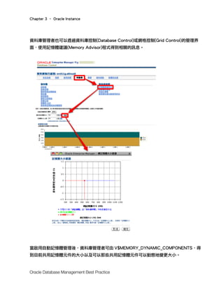 Chapter 3 – Oracle Instance
Oracle Database Management Best Practice
資料庫管理者也可以透過資料庫控制(Database Control)或網格控制(Grid Control)的管理界
面，使用記憶體建議(Memory Advisor)程式得到相關的訊息。
當啟用自動記憶體管理後，資料庫管理者可由 V$MEMORY_DYNAMIC_COMPONENTS，得
到目前共用記憶體元件的大小以及可以那些共用記憶體元件可以動態地變更大小。
 
