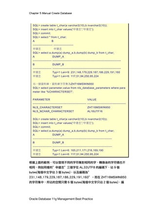 Chapter 5 Manual Create Database
Oracle Database 11g Management Best Practice
SQL> create table t_char(a varchar2(10),b nvarchar2(10));
SQL> insert into t_char values('申建忠','申建忠');
SQL> commit;
SQL> select * from t_char;
A B
-------------------- --------------------
申建忠 申建忠
SQL> select a,dump(a) dump_a,b,dump(b) dump_b from t_char;
A DUMP_A
------------------- ---------------------------------------------------------------------
B DUMP_B
------------------- ---------------------------------------------------------------------
申建忠 Typ=1 Len=9: 231,148,179,229,187,186,229,191,160
申建忠 Typ=1 Len=6: 117,51,94,250,95,224
另一個資料庫，資料庫字符集為ZHT16MSWIN950
SQL> select parameter,value from nls_database_parameters where para
meter like '%CHARACTERSET';
PARAMETER VALUE
------------------------------------------------------ ---------------------------------------
NLS_CHARACTERSET ZHT16MSWIN950
NLS_NCHAR_CHARACTERSET AL16UTF16
SQL> create table t_char(a varchar2(10),b nvarchar2(10));
SQL> insert into t_char values('申建忠','申建忠');
SQL> commit;
SQL> select a,dump(a) dump_a,b,dump(b) dump_b from t_char;
A DUMP_A
------------------- ------------------------------------------------------------
B DUMP_B
------------------- ------------------------------------------------------------
申建忠 Typ=1 Len=6: 165,211,171,216,169,190
申建忠 Typ=1 Len=6: 117,51,94,250,95,224
根據上面的範例，可以發現不同的字符集對相同的字，轉換後的字符碼也不
相同，例如同樣的”申建忠”三個字在 AL32UTF8 的編碼下，佔 9 個
bytes(每個中文字佔 3 個 bytes)，以及編碼為”
231,148,179,229,187,186,229,191,160”。而在 ZHT16MSWIN950
的字符集中，所佔的空間只需 6 個 bytes(每個中文字只佔 2 個 bytes)，編
 