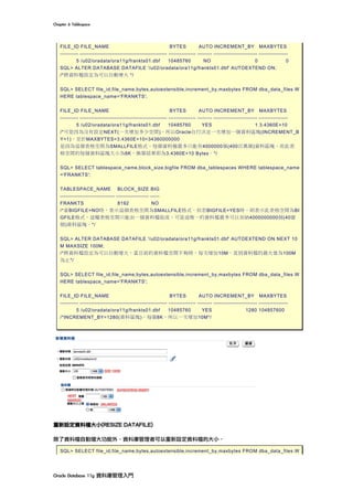 Chapter	6	Tablespace	
Oracle	Database	11g	資料庫管理入門	
FILE_ID FILE_NAME BYTES AUTO INCREMENT_BY MAXBYTES
---------- ------------------------------------------------ --------------- -------- ------------------------ ----------------
5 /u02/oradata/ora11g/frankts01.dbf 10485760 NO 0 0
SQL> ALTER DATABASE DATAFILE '/u02/oradata/ora11g/frankts01.dbf' AUTOEXTEND ON;
/*將資料檔設定為可以自動增大 */
SQL> SELECT file_id,file_name,bytes,autoextensible,increment_by,maxbytes FROM dba_data_files W
HERE tablespace_name='FRANKTS';
FILE_ID FILE_NAME BYTES AUTO INCREMENT_BY MAXBYTES
---------- ------------------------------------------------ --------------- -------- ------------------------ ----------------
5 /u02/oradata/ora11g/frankts01.dbf 10485760 YES 1 3.4360E+10
/*可是因為沒有設定NEXT(一次增加多少空間)，所以Oracle自行決定一次增加一個資料區塊(INCREMENT_B
Y=1)。至於MAXBYTES=3.4360E+10=34360000000
是因為這個表格空間為SMALLFILE格式，每個資料檔最多只能有4000000個(400百萬個)資料區塊，而此表
格空間的每個資料區塊大小為8K，換算結果即為3.4360E+10 Bytes。*/
SQL> SELECT tablespace_name,block_size,bigfile FROM dba_tablespaces WHERE tablespace_name
='FRANKTS';
TABLESPACE_NAME BLOCK_SIZE BIG
------------------------------ ------------------ -----
FRANKTS 8192 NO
/*當BIGFILE=NO時，表示這個表格空間為SMALLFILE格式。但若BIGFILE=YES時，則表示此表格空間為BI
GFILE格式，這種表格空間只能由一個資料檔組成，可是這唯一的資料檔最多可以容納4000000000個(40億
個)資料區塊。*/
SQL> ALTER DATABASE DATAFILE '/u02/oradata/ora11g/frankts01.dbf' AUTOEXTEND ON NEXT 10
M MAXSIZE 100M;
/*將資料檔設定為可以自動增大，當目前的資料檔空間不夠時，每次增加10M，直到資料檔的最大值為100M
為止*/
SQL> SELECT file_id,file_name,bytes,autoextensible,increment_by,maxbytes FROM dba_data_files W
HERE tablespace_name='FRANKTS';
FILE_ID FILE_NAME BYTES AUTO INCREMENT_BY MAXBYTES
---------- ------------------------------------------------ --------------- -------- ------------------------ ----------------
5 /u02/oradata/ora11g/frankts01.dbf 10485760 YES 1280 104857600
/*INCREMENT_BY=1280(資料區塊)，每個8K，所以一次增加10M*/
重新設定資料檔大小(RESIZE DATAFILE)
除了資料檔自動增大功能外，資料庫管理者可以重新設定資料檔的大小，
SQL> SELECT file_id,file_name,bytes,autoextensible,increment_by,maxbytes FROM dba_data_files W
 