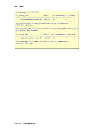 Chapter	6	Tablespace	
Oracle	Database	11g	資料庫管理入門	
HERE tablespace_name='FRANKTS';
FILE_ID FILE_NAME BYTES AUTO INCREMENT_BY MAXBYTES
---------- ------------------------------------------------ --------------- -------- ------------------------ ----------------
5 /u02/oradata/ora11g/frankts01.dbf 20971520 NO 0 0
SQL> ALTER DATABASE DATAFILE '/u02/oradata/ora11g/frankts01.dbf' RESIZE 30M;
/*將資料檔的大小增加為30M*/
SQL> SELECT file_id,file_name,bytes,autoextensible,increment_by,maxbytes FROM dba_data_files W
HERE tablespace_name='FRANKTS';
FILE_ID FILE_NAME BYTES AUTO INCREMENT_BY MAXBYTES
---------- ------------------------------------------------ --------------- -------- ------------------------ ----------------
5 /u02/oradata/ora11g/frankts01.dbf 31457280 NO 0 0
SQL> ALTER DATABASE DATAFILE '/u02/oradata/ora11g/frankts01.dbf' RESIZE 10M;
/*將資料檔的大小縮小為10M*/
 