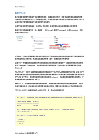 Chapter	6	Tablespace	
Oracle	Database	11g	資料庫管理入門	
離線(OFFLINE)
表示這個表格空間中的區段不可以被異動與查詢，或建立區段的操作。但是可以刪除或修改區段的定義
(因為區段的定義是存放在 SYSTEM 表格空間中，只有區段的資料才是存放在一般的表格空間中，所以可
以進行那些不需要異動區段所在表格空間內容的操作)。
但是下列表格空間不能夠離線：SYSTEM 表格空間、表格空間的內容為還原與暫時的表格空間。
當進行表格空間離線操作時，有 4 種選項：一般(Normal)、暫時(Temporary)、立即(Immediate)、用於
復原(For Recovery)。
NORMAL：DBWR 試圖將屬於這個表格空間的 DIRTY BUFFERs 都寫回相對的資料檔。不過如果屬於這
個表格空間的任何資料檔，無法進行檢查點操作時，這時一般離線的操作將會失敗。
之後 CKPT 將檢查點資訊記錄到所有的控制檔與此表格空間的資料檔檔頭中。這個動作稱為表格空間檢
查點(Tablespace Checkpoint)，如此當這個表格空間重新被線上(Online)時，便不需要對其進行復原
(Recover)。
TEMPORARY：DBWR 試圖將屬於這個表格空間的 DIRTY BUFFERs 都寫回相對的資料檔。之後 CKPT
將檢查點資訊記錄到所有的控制檔與此表格空間的資料檔檔頭中。但是如果某些資料檔無法被寫入(例如：
OFFLINE 或不存在)，那些資料檔將不會進行檢查點(Checkpoint)，因此這些資料檔需要先被復原後，才
能夠將這個表格空間狀態設定為線上。
IMMEDIATE：這個表格空間不會進行檢查點操作，而是直接將表格空間與其所有的資料檔離線。由於沒
有進行檢查點操作，所以當此表格空間想要恢復線上狀態時，需要先進行復原操作才可以回到線上狀態。
FOR RECOVERY：這個模式如同 IMMEDIATE 一般，是為向前相容而存在。
SQL> SELECT tablespace_name,status FROM dba_tablespaces WHERE tablespace_name='BIGTS';
TABLESPACE_NAME STATUS
------------------------------ ------------
BIGTS ONLINE
SQL> CREATE TABLE system.t4 TABLESPACE bigts AS SELECT * FROM dba_objects;
/*建立一個測試表格。*/
SQL> SELECT COUNT(*) FROM system.t4;
COUNT(*)
---------------
15715
 