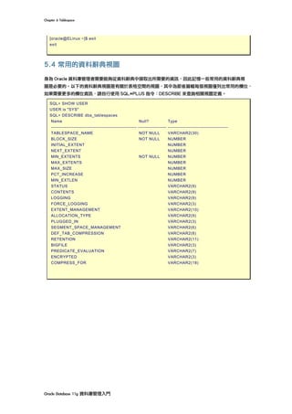 Chapter	6	Tablespace	
Oracle	Database	11g	資料庫管理入門	
[oracle@ELinux ~]$ exit
exit
5.4 常用的資料辭典視圖
身為 Oracle 資料庫管理者需要能夠從資料辭典中擷取出所需要的資訊，因此記憶一些常用的資料辭典視
圖是必要的。以下的資料辭典視圖是有關於表格空間的視圖，其中為節省篇幅每個視圖僅列出常用的欄位，
如果需要更多的欄位資訊，請自行使用 SQL*PLUS 指令：DESCRIBE 來查詢相關視圖定義。
SQL> SHOW USER
USER is "SYS"
SQL> DESCRIBE dba_tablespaces
Name Null? Type
--------------------------------------------------------- ------------------- ----------------------------------------
TABLESPACE_NAME NOT NULL VARCHAR2(30)
BLOCK_SIZE NOT NULL NUMBER
INITIAL_EXTENT NUMBER
NEXT_EXTENT NUMBER
MIN_EXTENTS NOT NULL NUMBER
MAX_EXTENTS NUMBER
MAX_SIZE NUMBER
PCT_INCREASE NUMBER
MIN_EXTLEN NUMBER
STATUS VARCHAR2(9)
CONTENTS VARCHAR2(9)
LOGGING VARCHAR2(9)
FORCE_LOGGING VARCHAR2(3)
EXTENT_MANAGEMENT VARCHAR2(10)
ALLOCATION_TYPE VARCHAR2(9)
PLUGGED_IN VARCHAR2(3)
SEGMENT_SPACE_MANAGEMENT VARCHAR2(6)
DEF_TAB_COMPRESSION VARCHAR2(8)
RETENTION VARCHAR2(11)
BIGFILE VARCHAR2(3)
PREDICATE_EVALUATION VARCHAR2(7)
ENCRYPTED VARCHAR2(3)
COMPRESS_FOR VARCHAR2(18)
 