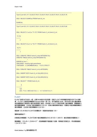 Chapter	8	Table	
Oracle	Database	11g	資料庫管理入門	
--------------------------------------------------------------------------------------------------------------
Typ=2 Len=20: 211,13,35,57,79,91,13,35,57,79,91,13,35,57,79,91,13,35,57,79
SQL> SELECT DUMP(a) FROM frank.t2_int;
DUMP(A)
--------------------------------------------------------------------------------------------------------------
Typ=2 Len=20: 211,13,35,57,79,91,13,35,57,79,91,13,35,57,79,91,13,35,57,80
SQL> SELECT t1.a-t2.a “T1-T2” FROM frank.t1_int,frank.t2_int;
T1-T2
--------
-1
SQL> SELECT t2.a-t1.a “T2-T1” FROM frank.t1_int,frank.t2_int;
T2-T1
--------
1
SQL> CREATE TABLE frank.t3_int(a INTEGER(10));
CREATE TABLE frank.t3_int(a INTEGER(10))
*
ERROR at line 1:
ORA-00907: missing right parenthesis
/*INTEGER一定是NUMBER(38,0)，不能設定精確度*/
SQL> CREATE TABLE frank.t3_int (a INTEGER);
SQL> INSERT INTO frank.t3_int VALUES(123.4);
SQL> INSERT INTO frank.t3_int VALUES(234.5);
SQL> SELECT * FROM frank.t3_int;
A
-----------
123
235 /*切記小數點後會四捨五入，而不是無條件捨去*/
FLOAT
FLOAT 如同 INTEGER 一般，也是 NUMBER 的次型態，目前 FLOAT 的定義遵守的是 IEEE754 的標
準 。FLOAT 只能設定精確度(Precision)可由 1 到 126，但不能設定 Scale，但可以存入有小數的數值。
而且精確度並不是使用十進位呈現而是二進位。所以當 FLOAT(10)表示的是二進位精確度，需要轉成十
進位整數精確度，公式為二進位精確度*0.30103，若有小數則無條件進位。若要從十進位精確度轉成二
進位精確度，公式為十進位精確度*3.32193。
假設將 123.45 存入 FLOAT(5)的欄位中，則儲存後的值為 120。
實際的過程如下：
計算真正的精確度：FLOAT(5)的十進位精確度為 5*0.30103=1.50515，進位到最近的整數為 2。
數值轉換：123.45=1.2345*10^2
，因為精確度不能超過 2 位數，同時進行四捨五入，所以數值變成
1.2*10^2=120。
 