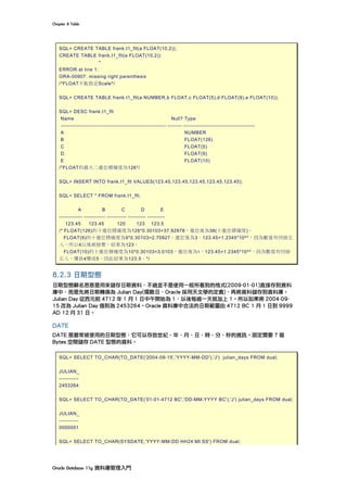 Chapter	8	Table	
Oracle	Database	11g	資料庫管理入門	
SQL> CREATE TABLE frank.t1_flt(a FLOAT(10,2));
CREATE TABLE frank.t1_flt(a FLOAT(10,2))
*
ERROR at line 1:
ORA-00907: missing right parenthesis
/*FLOAT不能指定Scale*/
SQL> CREATE TABLE frank.t1_flt(a NUMBER,b FLOAT,c FLOAT(5),d FLOAT(9),e FLOAT(10));
SQL> DESC frank.t1_flt
Name Null? Type
----------------------------------------------------------- -------- ----------------------------------------
A NUMBER
B FLOAT(126)
C FLOAT(5)
D FLOAT(9)
E FLOAT(10)
/*FLOAT的最大二進位精確度為126*/
SQL> INSERT INTO frank.t1_flt VALUES(123.45,123.45,123.45,123.45,123.45);
SQL> SELECT * FROM frank.t1_flt;
A B C D E
------------- ------------ ----------- ---------- ----------
123.45 123.45 120 123 123.5
/* FLOAT(126)的十進位精確度為126*0.30103=37.92978，進位後為38(十進位精確度)。
FLOAT(9)的十進位精確度為9*0.30103=2.70927，進位後為3。123.45=1.2345*10^2，因為數值有四捨五
入，所以4以後被捨棄，結果為123。
FLOAT(10)的十進位精確度為10*0.30103=3.0103，進位後為4。123.45=1.2345*10^2，因為數值有四捨
五入，導致4變成5，因此結果為123.5。*/
8.2.3 日期型態
日期型態顧名思意是用來儲存日期資料，不過並不是使用一般所看到的格式(2009-01-01)直接存到資料
庫中，而是先將日期轉換為 Julian Day(儒略日，Oracle 採用天文學的定義)，再將資料儲存到資料庫。
Julian Day 從西元前 4712 年 1 月 1 日中午開始為 1，以後每過一天就加上 1。所以如果將 2004-09-
15 改為 Julian Day 值則為 2453264。Oracle 資料庫中合法的日期範圍由 4712 BC 1 月 1 日到 9999
AD 12 月 31 日。
DATE
DATE 是最常被使用的日期型態，它可以存放世紀、年、月、日、時、分、秒的資訊。固定需要 7 個
Bytes 空間儲存 DATE 型態的資料。
SQL> SELECT TO_CHAR(TO_DATE('2004-09-15','YYYY-MM-DD'),'J') julian_days FROM dual;
JULIAN_
-----------
2453264
SQL> SELECT TO_CHAR(TO_DATE('01-01-4712 BC','DD-MM-YYYY BC'),'J') julian_days FROM dual;
JULIAN_
-----------
0000001
SQL> SELECT TO_CHAR(SYSDATE,'YYYY-MM-DD HH24:MI:SS') FROM dual;
 
