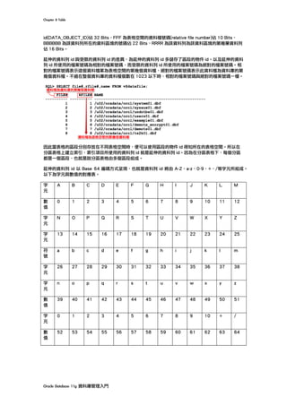 Chapter	8	Table	
Oracle	Database	11g	資料庫管理入門	
id(DATA_OBJECT_ID)佔 32 Bits，FFF 為表格空間的資料檔號碼(relative file number)佔 10 Bits，
BBBBBB 為該資料列所在的資料區塊的號碼佔 22 Bits，RRRR 為該資料列為該資料區塊的第幾筆資料列
佔 16 Bits。
延伸的資料列 id 與受限的資料列 id 的差異，為延伸的資料列 id 多儲存了區段的物件 id。以及延伸的資料
列 id 所使用的檔案號碼為相對的檔案號碼，而受限的資料列 id 所使用的檔案號碼為絕對的檔案號碼。相
對的檔案號碼表示這個資料檔案為表格空間的第幾個資料檔，絕對的檔案號碼表示此資料檔為資料庫的第
幾個資料檔。不過在整個資料庫的資料檔個數在 1023 以下時，相對的檔案號碼與絕對的檔案號碼一樣。
因此當表格的區段分別存放在不同表格空間時，便可以使用區段的物件 id 得知所在的表格空間。所以在
分區表格上建立索引，索引項目所使用的資料列 id 就是延伸的資料列 id。因為在分區表格下，每個分區
都是一個區段，也就是說分區表格由多個區段組成。
延伸的資料列 id 以 Base 64 編碼方式呈現，也就是資料列 id 將由 A-Z，a-z，0-9，+，/等字元所組成。
以下為字元與數值的對應表。
字
元
A B C D E F G H I J K L M
數
值
0 1 2 3 4 5 6 7 8 9 10 11 12
字
元
N O P Q R S T U V W X Y Z
字
元
13 14 15 16 17 18 19 20 21 22 23 24 25
符
號
a b c d e f g h i j k l m
字
元
26 27 28 29 30 31 32 33 34 35 36 37 38
字
元
n o p q r s t u v w x y z
數
值
39 40 41 42 43 44 45 46 47 48 49 50 51
字
元
0 1 2 3 4 5 6 7 8 9 10 + /
數
值
52 53 54 55 56 57 58 59 60 61 62 63 64
 