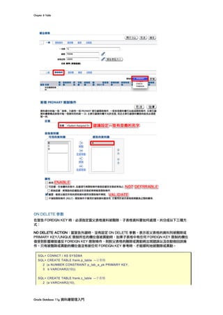 Chapter	8	Table	
Oracle	Database	11g	資料庫管理入門	
ON DELETE 參數
在宣告 FOREIGN KEY 時，必須指定當父表格資料被刪除，子表格資料要如何處理。共分成以下三種方
式：
NO DELETE ACTION：當宣告外鍵時，沒有設定 ON DELETE 參數。表示若父表格的資料列被刪除或
PRIMARY KEY/UNIQUE 限制所在的欄位值被異動時，如果子表格中有任何 FOREIGN KEY 限制的欄位
值受到影響導致違反 FOREIGN KEY 限制條件，則對父表格的刪除或異動將出現錯誤以及自動倒回該操
作。只有被刪除或異動的欄位值沒有被任何 FOREIGN KEY 參考時，才能順利地被刪除或異動。
SQL> CONNCT / AS SYSDBA
SQL> CREATE TABLE frank.p_table --父表格
2 (a NUMBER CONSTRAINT p_tab_a_pk PRIMARY KEY,
3 b VARCHAR2(10));
SQL> CREATE TABLE frank.c_table --子表格
2 (a VARCHAR2(10),
 