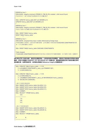 Chapter	8	Table	
Oracle	Database	11g	資料庫管理入門	
ERROR at line 1:
ORA-02292: integrity constraint (FRANK.C_TAB_B_FK) violated - child record found
/*因為有至少一個子表格參考這筆資料列中的A欄位值*/
SQL> UPDATE frank.p_table SET a=2 WHERE a=3;
UPDATE frank.p_table SET a=2 WHERE a=3
*
ERROR at line 1:
ORA-02292: integrity constraint (FRANK.C_TAB_B_FK) violated - child record found
/*因為子表格中尚有欄位值參考這筆資料列中的A欄位值*/
SQL> DROP TABLE frank.p_table;
DROP TABLE frank.p_table
*
ERROR at line 1:
ORA-02449: unique/primary keys in table referenced by foreign keys
/*即便是刪除父表格時，也會受到外鍵的影響。必須先刪除子表格或使用CASCADE CONSTRAINTS的選
項，方可以順利刪除父表格*/
SQL> DROP TABLE frank.p_table CASCADE CONSTRAINTS;
Table dropped.
/*CASCADE CONSTRAINTS選項會將所有參考此父表格的所有外鍵限制刪除，但不會將子表格一起刪除*/
ON DELETE CASCASE：當設定此種選項後，父表格的資料列被刪除，相對的子表格資料列同時也會被
刪除。但若只有異動 PRIMRARY KEY 或 UNIQUE KEY 的欄位值，還是會檢查是否有子表格的欄位參考
這些欄位值，如果有被參考，依然會出現違反 Reference Integrity 的錯誤訊息。
SQL> CREATE TABLE frank.p_table --父表格
2 (a NUMBER CONSTRAINT p_tab_a_pk PRIMARY KEY,
3 b VARCHAR2(10));
SQL> CREATE TABLE frank.c_table --子表格
2 (a VARCHAR2(10),
3 b NUMBER CONSTRAINT c_tab_b_fk REFERENCES frank.p_table(a)
4 ON DELETE CASACDE);
--建立父表格的測試資料
SQL> INSERT INTO frank.p_table VALUES(1,'A');
SQL> INSERT INTO frank.p_table VALUES(2,'B');
SQL> INSERT INTO frank.p_table VALUES(3,'C');
SQL> COMMIT;
SQL> SELECT * FROM frank.p_table;
A B
---------- ----------
1 A
2 B
3 C
--建立子表格測試資料
SQL> INSERT INTO frank.c_table VALUES('A',1);
SQL> INSERT INTO frank.c_table VALUES('B',3);
SQL> COMMIT;
SQL> SELECT * FROM frank.c_table;
A B
---------- -----------
 
