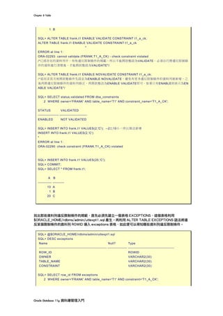 Chapter	8	Table	
Oracle	Database	11g	資料庫管理入門	
1 B
SQL> ALTER TABLE frank.t1 ENABLE VALIDATE CONSTRAINT t1_a_ck;
ALTER TABLE frank.t1 ENABLE VALIDATE CONSTRAINT t1_a_ck
*
ERROR at line 1:
ORA-02293: cannot validate (FRANK.T1_A_CK) - check constraint violated
/*已經存在的資料列中，有些違反限制條件的規範，所以不能將狀態設為VALIDATE。必須自行將違反限制條
件的資料進行清理後，才能將狀態設為VALIDATE*/
SQL> ALTER TABLE frank.t1 ENABLE NOVALIDATE CONSTRAINT t1_a_ck;
/*退而求其次地將狀態條件先設定為ENABLE NOVALIDATE，避免有更多違反限制條件的資料列被新增，之
後再將違反限制條件的資料列修正，再將狀態改為ENABLE VALIDATE即可。如果只有ENABLE則表示為EN
ABLE VALIDATE*/
SQL> SELECT status,validated FROM dba_constraints
2 WHERE owner='FRANK' AND table_name='T1' AND constraint_name='T1_A_CK';
STATUS VALIDATED
------------------ ------------------------
ENABLED NOT VALIDATED
SQL> INSERT INTO frank.t1 VALUES(2,'C'); --2比10小，所以無法新增
INSERT INTO frank.t1 VALUES(2,'C')
*
ERROR at line 1:
ORA-02290: check constraint (FRANK.T1_A_CK) violated
SQL> INSERT INTO frank.t1 VALUES(20,'C');
SQL> COMMIT;
SQL> SELECT * FROM frank.t1;
A B
------------ ----------
10 A
1 B
20 C
	
找出那些資料列違反限制條件的規範，首先必須先建立一個表格 EXCEPTIONS，這個表格利用
$ORACLE_HOME/rdbms/admin/utlexpt1.sql 產生。再利用 ALTER TABLE EXCEPTIONS 語法將違
反某個限制條件的資料列 ROWID 填入 exceptions 表格，如此便可以得知哪些資料列違反限制條件。
SQL> @$ORACLE_HOME/rdbms/admin/utlexpt1.sql
SQL> DESC exceptions
Name Null? Type
----------------------------------------------------------- ----------------- ----------------------------------------
ROW_ID ROWID
OWNER VARCHAR2(30)
TABLE_NAME VARCHAR2(30)
CONSTRAINT VARCHAR2(30)
SQL> SELECT row_id FROM exceptions
2 WHERE owner='FRANK' AND table_name='T1' AND constraint='T1_A_CK';
 