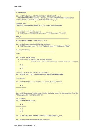 Chapter	8	Table	
Oracle	Database	11g	資料庫管理入門	
no rows selected
SQL> ALTER TABLE frank.t1 ENABLE VALIDATE CONSTRAINT t1_a_ck
2 EXCEPTIONS INTO exceptions; --將違反t1_a_ck的資料列ROWID新增到exceptions表格中
ALTER TABLE frank.t1 ENABLE VALIDATE CONSTRAINT t1_a_ck
*
ERROR at line 1:
ORA-02293: cannot validate (FRANK.T1_A_CK) - check constraint violated
SQL> SELECT row_id FROM exceptions
2 WHERE owner='FRANK' AND table_name='T1' AND constraint='T1_A_CK';
ROW_ID
--------------------------------------------------------------------------------------------------------------
AAAUsOAAEAAAAP6AAB --這筆ROW違反t1_a_ck
SQL> SELECT search_condition FROM dba_constraints
2 WHERE constraint_name='T1_A_CK' AND table_name='T1' AND owner='FRANK';
SEARCH_CONDITION
--------------------------------------------------------------------------------
a>=10
SQL> SELECT * FROM frank.t1
2 WHERE rowid IN (SELECT row_id FROM exceptions
3 WHERE owner='FRANK' AND table_name='T1' AND constraint='T1_A_CK');
A B
----------- ----------
1 B
/*修正違反t1_a_ck的資料列，讓它遵守t1_a_ck的規範*/
SQL> UPDATE frank.t1 SET a=11 WHERE rowid='AAAUsOAAEAAAAP6AAB';
1 row updated.
SQL> SELECT * FROM frank.t1 WHERE rowid='AAAUsOAAEAAAAP6AAB';
A B
----------- ----------
11 B
SQL> DELETE exceptions WHERE owner='FRANK' AND table_name='T1' AND constraint='T1_A_CK';
/*清除exceptions表格中已經處理過的資料列*/
SQL> COMMIT;
SQL> SELECT * FROM frank.t1;
A B
----------- ----------
10 A
11 B
20 C
SQL> ALTER TABLE frank.t1 ENABLE VALIDATE CONSTRAINTS t1_a_ck;
SQL> SELECT status,validated FROM dba_constraints
 
