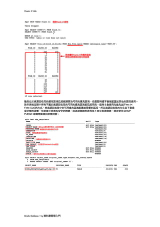Chapter	8	Table	
Oracle	Database	11g	資料庫管理入門	
雖然位於資源回收筒的擴充區塊已經被歸類為可用的擴充區塊，但是暫時還不會被配置給其他的區段使用。
除非表格空間中所有不屬於資源回收筒的可用的擴充區塊都已經用完，這時才會使用先進先出(First In
First Out)的方式，將資源回收筒中的可用擴充區塊配置給需要的區段。所以資源回收筒的存在並不會造
成空間的浪費，但是要注意資料安全的問題，因為被刪除的表格並不是立刻被刪除，除非使用 DROP
PURGE 或關閉資源回收筒功能。
 