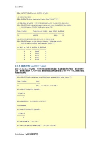 Chapter	8	Table	
Oracle	Database	11g	資料庫管理入門	
SQL> ALTER TABLE frank.t3 SHRINK SPACE;
--收集表格的統計資料
SQL> EXECUTE dbms_stats.gather_table_stats('FRANK','T3');
--經過SHRINK SPACE後，所使用的區塊個數減為33個，因此達到表格重組的效過。
SQL> SELECT table_name,tablespace_name,num_rows,blocks FROM dba_tables
2 WHERE owner='FRANK' AND table_name='T3';
TABLE_NAME TABLESPACE_NAME NUM_ROWS BLOCKS
------------------------------ ------------------------------ ----------------- ------------
T3 USERS 2460 33
--區段所擁有的擴充區塊個數也減少為5個，共40個資料區塊
SQL> SELECT extent_id,file_id,block_id,blocks FROM dba_extents
2 WHERE owner='FRANK' AND segment_name='T3';
EXTENT_ID FILE_ID BLOCK_ID BLOCKS
---------------- ----------- --------------- ------------
0 4 10889 8
1 4 10897 8
2 4 11273 8
3 4 11281 8
4 4 11289 8
8.5.5 唯讀表格(Read-Only Table)
從 Oracle Database 11g 開始，可以將表格的狀態設定為唯讀，禁止對這個表格的異動。進行此項操作
之前，使用者必須擁有 ALTER TABLE 權限(針對自己擁有的表格)或 ALTER ANY TABLE 權限(針對任
何綱要下的表格)。
SQL> SELECT table_name,read_only FROM user_tables WHERE table_name='T1';
TABLE_NAME REA
------------------------------------- -------
T1 NO /*目前表格T1可以被異動*/
SQL> SELECT COUNT(*) FROM t1;
COUNT(*)
---------------
1
SQL> DELETE t1; /*成功刪除所有的ROWS*/
1 row deleted.
SQL> SELECT COUNT(*) FROM t1;
COUNT(*)
---------------
0
SQL> ROLLBACK; /*到回交易*/
SQL> ALTER TABLE t1 READ ONLY; /*將表格設定為唯讀*/
 