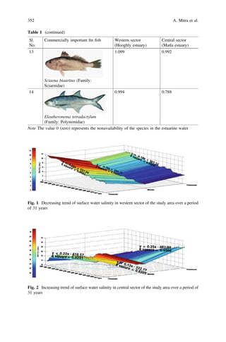 Table 1 (continued)
Sl.
No.
Commercially important ﬁn ﬁsh Western sector
(Hooghly estuary)
Central sector
(Matla estuary)
13
Sciaena biauritus (Family:
Sciaenidae)
1.099 0.992
14
Eleutheronema tetradactylum
(Family: Polynemidae)
0.994 0.788
Note The value 0 (zero) represents the nonavailability of the species in the estuarine water
Fig. 1 Decreasing trend of surface water salinity in western sector of the study area over a period
of 31 years
Fig. 2 Increasing trend of surface water salinity in central sector of the study area over a period of
31 years
352 A. Mitra et al.
 