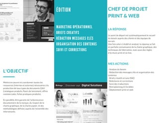 É D I T I O N
L'OBJECTIF
Mettre en oeuvre et coordonner toutes les
ressources (internes et externes) nécessaires à la
production de tous types de documents OAV
(catalogues produits, flyers de lancement, offres
commerciales, fiches pratiques produits).
En parallèle, être garante de l'arborescence
documentaire de la marque, du respect de la
charte graphique, de la charte papier, et des
méthodologies définies auprès de l'ensemble des
intervenants.
CHEF DE PROJET
PRINT & WEB
Le point de départ est systématiquement le recueil
du besoin auprès des clients et des équipes de
terrain.
Une fois celui-ci établi et analysé, la réponse se fait
en parfaite connaissance de la chaîne graphique, des
techniques de fabrication, mais aussi des règles
d'écriture print et on line.
LA RÉPONSE
- Analyse du besoin
- Rédaction des messages clés et organisation des
contenus
- Briefs créatifs et suivi PAO
- Relectures et corrections
- Suivi des traductions
- Retroplanning et livrables
- Déploiement print et web
MES ACTIONS
M A R K E T I N G O P É R A T I O N N E L
B R I E F S C R E A T I F S
R É D A C T I O N M E S S A G E S C L É S
O R G A N I S A T I O N D E S C O N T E N U S
S U I V I E T C O R R E C T I O N S
 