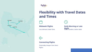 Flexibility with Travel Dates
and Times
Midweek Flights
Less demand, lower fares
Early Morning or Late
Night
Fewer travelers, better deals
Connecting Flights
Potentially cheaper than direct
flights
 