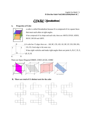 English For Math 1
                                            © Citra Nur Fadzri Yati/1001125036/Math 3E


                             CUBE (Hexahedron)
A.   Properties of Cube
                  a cube is called Hexahedron because It is composed of six square faces
                  that meet each other at right angles.
                  It has composed of six shape and each side, there are ABCD, EFGH, ADEH,
                  BCGF, DCGH and ABFE.


     H          G A cube has 12 edges there are ; AB, BC, CD, AD, AE, BF, EF, EH, DH, HG,

F          E      CG, FG. Each edge is the same size.
                  It has eight verticles and make right angles there are point A, B, C, D, E,
     D           CF, G, H.
A          B

There are Space Diagonal DBHF, CDEF,ACGE, EHBC




B. There are total of 11 distinct nets for the cube
 