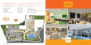 I n t e l i g e n t e é t e r i n f r a-e s t r u t u r a                                                                                                                                         Áreas comuns
                                                                                                                                                                                               entregues equipadas
completa e inédita no bairro.                                                                                                                                                                     e decoradas.*

1-Piscina Climatizada                                  2-Parque Infantil   6-Salão de Jogos
   Adulto e Infantil                                   3-Espaço Fitness    7-Salão de Festas Gourmet                                                                         Ilustração artística da Brinquedoteca   Ilustração artística do Lounge Juvenil
   Deck Molhado
                                                       4-Lounge Juvenil    8-Quiosque com Churrasqueira e Forno de Pizza
   Raia de 17m
   Apoio de Churrasqueira e Bar                        5-Brinquedoteca     9-Quadra com Arquibancada




                                                                                   8
                                                                                                                   9


                                      Projeto Paisagístico:




                                                                                              6
                                                                             7

                                                                                              5


                                                                                              4
                                                                                                                           Ilustração artística do Salão de Festas Gourmet                                           Ilustração artística do Espaço Fitness




                                                                                              3




                                                                                                  1




                                                                                                       2




                                                                                                                                                                                                                          *Conforme memorial descritivo
Ilustração artística da Implantação
 