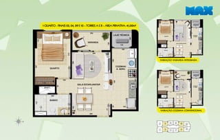 1 QUARTO - Finais 03, 04, 09 e 10 – Torres A e B – Área Privativa: 41,00M2




                                                                             variação varanda integrada




                                                                             variação cozinha convencional
 