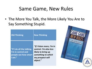 Same	Game,	New	Rules
• The	More	You	Talk,	the	More	Likely	You	Are	to	
Say	Something	Stupid.
10
Old	Thinking New	Thinking
“If	I	do	all	the	talking,	
I’m	in	control	and	
people	see	how	smart	
I	am.”
“If	I	listen	more,	I’m	in	
control.	I’m	also	less	
likely	to	bring	up	
something	to	which	
my	prospect	will	
object.”	
 