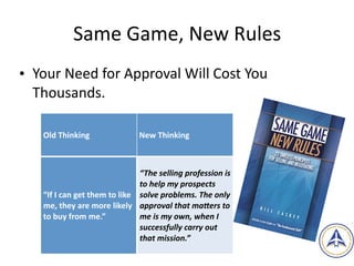 Same	Game,	New	Rules
• Your	Need	for	Approval	Will	Cost	You	
Thousands.
12
Old	Thinking New	Thinking
“If	I	can	get	them	to	like	
me,	they	are	more	likely	
to	buy	from	me.”
“The	selling	profession	is	
to	help	my	prospects	
solve	problems.	The	only	
approval	that	maEers	to	
me	is	my	own,	when	I	
successfully	carry	out	
that	mission.”	
 