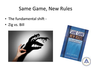 Same	Game,	New	Rules
• The	fundamental	shiF	-		
• Zig	vs.	Bill
5
 