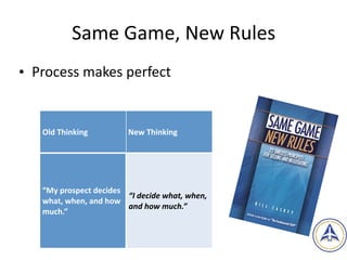 Same	Game,	New	Rules
• Process	makes	perfect
7
Old	Thinking New	Thinking
“My	prospect	decides	
what,	when,	and	how	
much.”
“I	decide	what,	when,	
and	how	much.”	
 