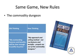 Same	Game,	New	Rules
• The	commodity	dungeon
9
Old	Thinking New	Thinking
“My	outstanding	
features	and	beneﬁts	
will	be	clear	enough	
to	jusGfy	my	price.”
“My	approach	and	
selling	method	-	not	
my	features	and	
beneﬁts	-	propels	me	
out	of	the	commodity	
dungeon.”	
 