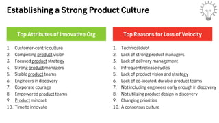 Establishing a Strong Product Culture
1. Customer‐centric culture
2. Compelling product vision
3. Focused product strategy...