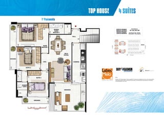 top house

4 suítes

1º Pavimento
Apartamentos

Nota:
Escala:1:25 A decoração é mera sugestão. As cotas são medidas de eixo a eixo das paredes.
Esta planta poderá sofrer variações decorrentes do atendimento das posturas municipais,
concessionárias e do local.

 
