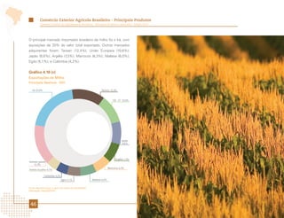 Comércio Exterior Agrícola Brasileiro - Principais Produtos
          Comércio Exterior da Agropecuária Brasileira - Principais Produtos e Mercados - Edição 2012




O principal mercado importador brasileiro de milho foi o Irã, com
aquisições de 20% do valor total exportado. Outros mercados
adquirentes foram: Taiwan (12,4%); União Europeia (10,6%);
Japão (8,6%); Argélia (7,3%); Marrocos (6,3%); Malásia (6,0%);
Egito (5,1%); e Colômbia (4,2%).


Gráfico 4.10 (c)
Exportações de Milho
Principais Destinos - 2011

   Irã 20,0%                                                       Taiwan 12,4%



                                                                               UE - 27 10,6%




                                                                                      Japão
                                                                                       8,6%




                                                                                 Argélia 7,3%
Demais países
   15,3%
                                                                           Marrocos 6,3%
Arábia Saudita 4,1%

               Colômbia 4,2%
                               Egito 5,1%                   Malásia 6,0%


Fonte: AgroStat Brasil, a partir dos dados da Secex/MDIC.
Elaboração: Mapa/SRI/DPI.




 46
 