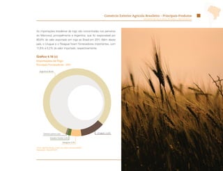 Comércio Exterior Agrícola Brasileiro - Principais Produtos
                                                                                            Ministério da Agricultura, Pecuária e Abastecimento




As importações brasileiras de trigo são concentradas nos parceiros
do Mercosul, principalmente a Argentina, que foi responsável por
80,8% do valor exportado em trigo ao Brasil em 2011. Além desse
país, o Uruguai e o Paraguai foram fornecedores importantes, com
11,6% e 5,2% do valor importado, respectivamente.


Gráfico 4.16 (c)
Importações de Trigo
Principais Fornecedores - 2011

   Argentina 80,8%




        Demais países 0,8%                                  Uruguai 11,6%

                Estados Unidos 1,6%

                                Paraguai 5,2%

Fonte: AgroStat Brasil, a partir dos dados da Secex/MDIC.
Elaboração: Mapa/SRI/DPI.




                                                                                                                                                  61
 
