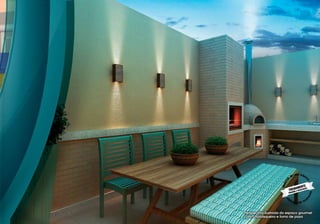 Perspectiva ilustrada do espaço gourmet
com churrasqueira e forno de pizza
 