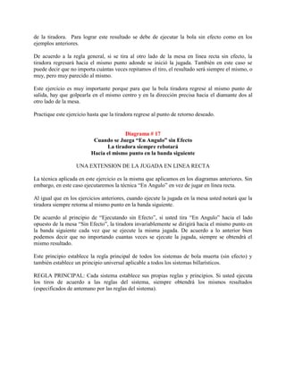 de la tiradora. Para lograr este resultado se debe de ejecutar la bola sin efecto como en los
ejemplos anteriores.

De acuerdo a la regla general, si se tira al otro lado de la mesa en línea recta sin efecto, la
tiradora regresará hacia el mismo punto adonde se inició la jugada. También en este caso se
puede decir que no importa cuántas veces repitamos el tiro, el resultado será siempre el mismo, o
muy, pero muy parecido al mismo.

Este ejercicio es muy importante porque para que la bola tiradora regrese al mismo punto de
salida, hay que golpearla en el mismo centro y en la dirección precisa hacia el diamante dos al
otro lado de la mesa.

Practique este ejercicio hasta que la tiradora regrese al punto de retorno deseado.


                                       Diagrama # 17
                           Cuando se Juega “En Angulo” sin Efecto
                                La tiradora siempre rebotará
                          Hacia el mismo punto en la banda siguiente

                   UNA EXTENSION DE LA JUGADA EN LINEA RECTA

La técnica aplicada en este ejercicio es la misma que aplicamos en los diagramas anteriores. Sin
embargo, en este caso ejecutaremos la técnica “En Angulo” en vez de jugar en línea recta.

Al igual que en los ejercicios anteriores, cuando ejecute la jugada en la mesa usted notará que la
tiradora siempre retorna al mismo punto en la banda siguiente.

De acuerdo al principio de “Ejecutando sin Efecto”, si usted tira “En Angulo” hacia el lado
opuesto de la mesa “Sin Efecto”, la tiradora invariablemente se dirigirá hacia el mismo punto en
la banda siguiente cada vez que se ejecute la misma jugada. De acuerdo a lo anterior bien
podemos decir que no importando cuantas veces se ejecute la jugada, siempre se obtendrá el
mismo resultado.

Este principio establece la regla principal de todos los sistemas de bola muerta (sin efecto) y
también establece un principio universal aplicable a todos los sistemas billarísticos.

REGLA PRINCIPAL: Cada sistema establece sus propias reglas y principios. Si usted ejecuta
los tiros de acuerdo a las reglas del sistema, siempre obtendrá los mismos resultados
(especificados de antemano por las reglas del sistema).
 