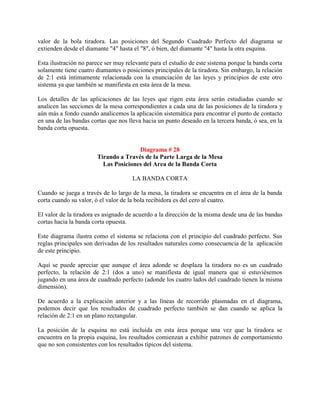 valor de la bola tiradora. Las posiciones del Segundo Cuadrado Perfecto del diagrama se
extienden desde el diamante "4" hasta el "8", ó bien, del diamante "4" hasta la otra esquina.

Esta ilustración no parece ser muy relevante para el estudio de este sistema porque la banda corta
solamente tiene cuatro diamantes o posiciones principales de la tiradora. Sin embargo, la relación
de 2:1 está íntimamente relacionada con la enunciación de las leyes y principios de este otro
sistema ya que también se manifiesta en esta área de la mesa.

Los detalles de las aplicaciones de las leyes que rigen esta área serán estudiadas cuando se
analicen las secciones de la mesa correspondientes a cada una de las posiciones de la tiradora y
aún más a fondo cuando analicemos la aplicación sistemática para encontrar el punto de contacto
en una de las bandas cortas que nos lleva hacia un punto deseado en la tercera banda, ó sea, en la
banda corta opuesta.


                                      Diagrama # 28
                       Tirando a Través de la Parte Larga de la Mesa
                         Las Posiciones del Area de la Banda Corta

                                     LA BANDA CORTA

Cuando se juega a través de lo largo de la mesa, la tiradora se encuentra en el área de la banda
corta cuando su valor, ó el valor de la bola recibidora es del cero al cuatro.

El valor de la tiradora es asignado de acuerdo a la dirección de la misma desde una de las bandas
cortas hacia la banda corta opuesta.

Este diagrama ilustra como el sistema se relaciona con el principio del cuadrado perfecto. Sus
reglas principales son derivadas de los resultados naturales como consecuencia de la aplicación
de este principio.

Aquí se puede apreciar que aunque el área adonde se desplaza la tiradora no es un cuadrado
perfecto, la relación de 2:1 (dos a uno) se manifiesta de igual manera que si estuviésemos
jugando en una área de cuadrado perfecto (adonde los cuatro lados del cuadrado tienen la misma
dimensión).

De acuerdo a la explicación anterior y a las líneas de recorrido plasmadas en el diagrama,
podemos decir que los resultados de cuadrado perfecto también se dan cuando se aplica la
relación de 2:1 en un plano rectangular.

La posición de la esquina no está incluída en esta área porque una vez que la tiradora se
encuentra en la propia esquina, los resultados comienzan a exhibir patrones de comportamiento
que no son consistentes con los resultados típicos del sistema.
 