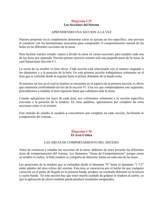 Diagrama # 29
                                   Las Secciones del Sistema

                         APRENDIENDO UNA SECCION A LA VEZ

Nuestro propósito no es simplemente demostrar cómo se ejecuta un tiro específico, sino proveer
al estudioso con las herramientas necesarias para comprender el comportamiento natural de las
bolas en las diferentes secciones de la mesa.

Para facilitar nuestro estudio vamos a dividir la mesa en varias secciones para estudiar cada una
de las áreas por separado. Nuestro primer ejercicio tomará solo una pequeña parte de la mesa, la
cual llamaremos Sección # 1.

La razón de su nombre es bien obvia. Cada sección está relacionada con el número asignado a
los diamantes y a la posición de la bola. En esta primera sección trabajaremos solamente en el
área que se extiende desde la esquina hasta el primer diamante de la banda corta.

Si tenemos un tiro en el cual la tiradora se encuentra en el espacio de la primera sección, es obvio
que estaremos confrontando un tiro de la sección #1. Una vez que comprendamos este segmento,
procederemos a estudiar el área siguiente hasta que cubramos toda la mesa.

Cuando apliquemos las leyes de cada área, nos referiremos solamente a la sección específica
relevante a la posición de la tiradora. En otras palabras, ignoraremos por completo las otras
secciones como si no existen.

Este método de estudio le ayudará a concentrarse por completo en cada sección, facilitando la
comprensión del sistema..



                                         Diagrama # 30
                                         El Area Crítica

                   LAS AREAS DE COMPORTAMIENTO DEL SISTEMA

Antes de comenzar a estudiar las secciones de la mesa, debemos de tener presente las diferentes
áreas de comportamiento del sistema. Les llamamos "Areas de Comportamiento" porque como
su nombre lo indica, la bola tiradora se comporta de diferente forma en cada una de las áreas.

Las posiciones de la tiradora que se extienden desde el diamante "0" hasta el diamante "1 1/2"
están adentro del área crítica del sistema. Esta área se caracteriza por el hecho de que cualquier
variación en el punto de llegada en la primera banda, produce un resultado diferente en la tercera
y cuarta banda. En esta sección hay que tener mucho cuidado de golpear la tiradora al centro, ya
que la aplicación de efecto también puede producir resultados inesperados.
 