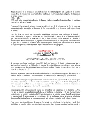 Regla principal de la aplicación sistemática: Para encontrar el punto de llegada en la primera
banda, debe de restársele al valor de la bola tiradora, el valor sistemático del punto de llegada en
la tercera banda.
30-7.5 = 22.5
22.5 es el valor sistemático del punto de llegada en la primera banda que produce el resultado
esperado en la tercera banda.

Comparando las dos aplicaciones, cuando se utiliza la ley de la primera variación, el punto de
contacto en todas las bandas es el mismo, lo único que cambia es la forma de implementación de
la jugada.

Este tiro debe de practicarse utilizando velocidades diferentes para establecer la dinamia y
características de la jugada. La observación minuciosa del recorrido de la tiradora demostrará
que conforme se aumenta la velocidad del tiro, la bola adquiere "efecto" después de contactar la
tercera banda. Cuando se ejecuta la jugada con menos velocidad, la bola pierde fuerza conforme
se aproxima al final de su recorrido. Este fenómeno puede hacer que la bola se desvíe un poco de
la trayectoria prevista convirtiendo el objetivo en un blanco muy pequeño.


                                     Video Diagrama # 86
                                Aplicando la Primera Variación
                                     Desde el Diamante 32

                     LA TECNICA DE LA TACADA CORTA RETENIDA

Si trazamos una línea imaginaria (amarilla) desde un punto en la banda corta pasando por el
borde de la primera bola recibidora hacia la mitad del valor del punto (adonde se origina la línea)
en la banda opuesta, obtendremos el valor de la bola tiradora. En este video podemos decir que el
valor de la tiradora es "32".

Regla de la primera variación: Por cada variación de 1/4 de diamante del punto de llegada en la
primera banda, se obtendrá 1/2 diamante más en el resultado de la tercera y la cuarta banda.

Esta es la misma regla que aplicamos en las secciones anteriores y el resultado es el mismo para
las cuatro secciones de la banda corta. Si utilizamos esta regla, es bastante fácil predecir la
trayectoria de la tiradora cada vez que se le resta 1/4 de diamante al punto de ataque en la
primera banda de la posición principal de cada sección.

En esta aplicación, la línea amarilla indica que la tiradora está localizada en el diamante 32. Una
vez que la tiradora golpea la primera bola, se dirige hacia el diamante 13 ó sea, hacia el punto
equivalente a la primera variación de 1/4 de diamante en la primera banda. Cuando esta jugada
es racionalizada de esta manera, la ejecución del tiro se enfoca en atacar la primera bola de tal
forma que la tiradora llegue al punto equivalente a la primera variación en la primera banda.

Para tomar ventaja del ángulo de desviación creado por el choque de la tiradora con la bola
recibidora, el jugador utiliza una tacada corta retenida. Esta técnica mantiene la dirección de la
 