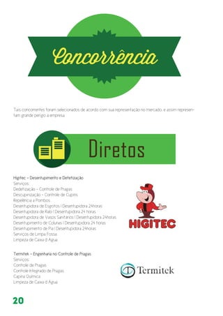 20
Tais concorrentes foram selecionados de acordo com sua representação no mercado, e assim represen-
tam grande perigo à empresa.
Higitec - Desentupimento e Detetização
Serviços:
Dedetização - Controle de Pragas
Descupinização - Controle de Cupins
Repelência a Pombos
Desentupidora de Esgotos | Desentupidora 24horas
Desentupidora de Ralo | Desentupidora 24 horas
Desentupidora de Vasos Sanitários | Desentupidora 24horas
Desentupimento de Colunas | Desentupidora 24 horas
Desentupimento de Pia | Desentupidora 24horas
Serviços de Limpa Fossa
Limpeza de Caixa d Agua
Termitek - Engenharia no Controle de Pragas
Serviços:
Controle de Pragas
Controle Integrado de Pragas
Capina Química
Limpeza de Caixa d Água
 
