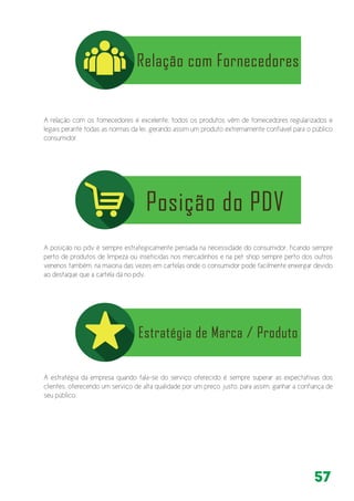 57
A relação com os fornecedores é excelente, todos os produtos vêm de fornecedores regularizados e
legais perante todas as normas da lei, gerando assim um produto extremamente confiável para o público
consumidor.
A posição no pdv é sempre estrategicamente pensada na necessidade do consumidor, ficando sempre
perto de produtos de limpeza ou inseticidas nos mercadinhos e na pet shop sempre perto dos outros
venenos também, na maioria das vezes em cartelas onde o consumidor pode facilmente enxergar devido
ao destaque que a cartela dá no pdv.
A estratégia da empresa quando fala-se do serviço oferecido é sempre superar as expectativas dos
clientes, oferecendo um serviço de alta qualidade por um preço justo, para assim, ganhar a confiança de
seu público.
 