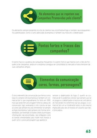 63
Os elementos sempre presentes no site do cliente é seu inconfundível logo e também seus equipamen-
tos padronizados, como o carro adesivado da empresa e também seu mascote, o dedetizador.
O ponto fraco é a ausência de campanhas frequentes. E o ponto forte é que mesmo com a falta de fre-
quência de campanhas, ainda sim a empresa consegue ser consolidada no mercado e todos lembram de
suas campanhas antigas.
O único elemento de comunicação que temos como
base é o próprio site da empresa e também um co-
mercial de tv que originalmente foi feito em 1978,
mas que ainda tem uma imagem forte na cabeça do
consumidor, logo, analisando o site, conclui-se que
as cores são sempre escuras remetendo-se sempre
ao logo da empresa, tudo sempre com formas arre-
dondadas, por exemplo os boxes onde as principais
informações são encontradas, são retângulos com
as bordas arredondadas para trazer mais leveza à
quem vê e o único personagem que aparece é
sempre o dedetizador do logo. E quanto ao co-
mercial de tv podemos concluir que sempre usa-se
as pragas e o dedetizador e mostra-se a eficiência
do funcionário no extermínio da tais pragas, o co-
mercial tem um ar totalmente lúdico e até mesmo
engraçado para dar um leveza um assunto que não
é brincadeira.
 