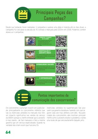 64
Desde sua fundação foram realizadas, 4 campanhas e apenas uma delas é inserida até os dias atuais, a
campanha Foi veiculada na década de 70. Editada e relançada pela D.D.Drin em 2006. Podemos conferir
abaixo as 4 campanhas:
Os concorrentes costumam investir em publicida-
de, principalmente os concorrentes indiretos que
são os inseticidas vendidos no mercado. Isso tem
um impacto significativo nas vendas do serviço
da DDDrin porque o cliente entende que o produto
é mais barato , de fácil manuseio e terá a mesma
garantia que um serviço especializado. Quando na
verdade não é bem assim que funciona. Os
inseticidas vendidos no supermercado não pos-
suem sua garantia duradoura, fazendo com que se
gaste cada vez mais dinheiro com eles. Na publi-
cidade dos concorrentes, eles mostram principal-
mente como o produto resolve o problema, criando
uma ilusão de que será exatamente daquele jeito.
Dedetização é
Assunto Sério!
Este comercial faz parte do acervo da
dedetizadora D.D.Drin. Foi veiculado
na década de 80.
Guerrilheiro Machão
O Exterminador
Comercial Clássico
da D.D.Drin
Este comercial faz parte do acervo
da dedetizadora D.D.Drin. Foi
veiculado na década de 70.
Editado e relançado pela D.D.Drin
em 2006.
Este comercial faz parte do acervo da
dedetizadora D.D.Drin. Foi veiculado
na década de 80.
Este comercial faz parte do acervo da
dedetizadora D.D.Drin. Foi veiculado
na década de 80.
 