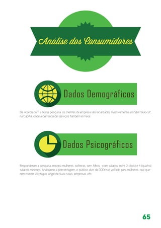 65
De acordo com a nossa pesquisa, os clientes da empresa são localizados massivamente em São Paulo-SP,
na Capital, onde a demanda de serviços também é maior.
Responderam a pesquisa, maioria mulheres, solteiras, sem filhos, com salários entre 2 (dois) e 4 (quatro)
salários mínimos. Analisando a porcentagem, o público alvo da DDDrin é voltado para mulheres, que que-
rem manter as pragas longe de suas casas, empresas, etc.
 