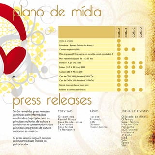 plano de mídia




                                                                                                                                    COTA D
                                                                                                                           COTA C
                                                                                                       COTA A

                                                                                                                  COTA B
                                    Assina o projeto

                                    Estandarte / Banner (Palácio das Artes): 1

                                    Convites especiais (300)

                                    Mídia impressa (1/4 de página em jornal de grande circulação): 4

                                    Mídia radiofônica (spots de 15’’): 15 dias

                                    Flyers (11 X 21 cm): 2500

                                    Folders (21,5 X 33,5 cm): 2000

                                    Cartazes (30 X 90 cm): 200

                                    Capa de CDS: 5000 (Receberá 500 CDs)

                                    Capa de DVDs: 200 (Receberá 20 DVDs)

                                    Sítio da Internet (banner com link)

                                    Folderes e convites eletrônicos




press releases
Serão remetidos press releases      TELEVISÃO                             RÁDIO                                 JORNAIS E REVISTAS
contínuos com informações
                                    Globominas                            Itatiaia                              O Estado de Minas
atualizadas do projeto para as      Record Minas                          Alvorada                              O Tempo
principais editorias de cultura e   Rede Bandeirantes                     CBN                                   Super Notícia
jornalismo, e apresentadores dos    TV Alterosa                           Guarani                               Hoje em Dia
principais programas de cultura     Rede Minas                            Inconfidência                         Pampulha
                                    TV Horizonte                                                                MG/Turismo
nacionais e mineiros.                                                                                           Horizonte
                                                                                                                1ª Linha
O press release seguirá sempre                                                                                  IstoÉ
acompanhado da marca do                                                                                         Veja
                                                                                                                Época
patrocinador.                                                                                                   Star
 