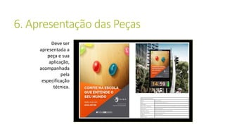 6. Apresentação das Peças
Deve ser
apresentada a
peça e sua
aplicação,
acompanhada
pela
especificação
técnica.
 