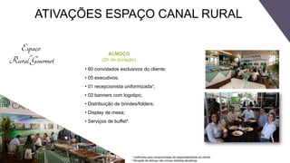 ALMOÇO
(2h de duração)
¹ Uniformes para recepcionistas de responsabilidade do cliente.
² Ativação de Almoço não incluso bebidas alcoólicas
• 60 convidados exclusivos do cliente;
• 05 executivos;
• 01 recepcionista uniformizada¹;
• 02 banners com logotipo;
• Distribuição de brindes/folders;
• Display de mesa;
• Serviços de buffet².
ATIVAÇÕES ESPAÇO CANAL RURAL
 