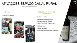 ATIVAÇÕES ESPAÇO CANAL RURAL
(ação exclusiva para Expointer)
• Enólogo e vinhos
• 02 Banners do patrocinador
• Recepcionista no espaço
• 20 convidados do patrocinador
• Buffet de frios
•Display de mesa
• Bandeirinhas indicando os alimentos
DEGUSTAÇÃO DE VINHOS
(2h de duração)
 