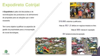 Expodireto Cotrijal
210.800 visitantes qualificados.
Mais de R$ 1,5 bilhões emnegóciosiniciadosna feira
Maisde 600 marcasem exposição
84 hectaresdeáreadeexposição
A Expodireto é palco de discussões e de
reivindicações dos produtores e do alinhamento
de propostas para as soluções que o setor
necessita.
Tem como objetivo qualificar os aspectos de
gestão da propriedade para a incorporação
de novas tecnologias.
 