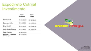 Expodireto Cotrijal
Investimento
Observações:
• Pagamento 15 D.F.M
• Base tabela Out/2016
• Valores sujeitos a alteração
Cobertura TV R$ 46.365,00 R$ 92.728,00
Cobertura Online R$ 9.000,00 R$ 24.000,00
Shop Rural 1’ R$ 9.179,00 R$ 45.898,00
Visite Nosso Estande R$ 8.118,00 R$ 32.475,00
Rural Eventos R$ 50.000,00
Ativação – Conteúdo
(Valor por ação)
R$ 22.800,00
Valor
Proposto
Valor
Tabela
 