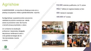 A A G R I S H O W éa únicafeira do Brasilque conta com a
presença de pequenos,médios egrandesfabricantes expondo.
Na Agrishow épossívelencontrar umaenorme
variedadede produtos eserviços que atende
atodos osprodutores rurais, nãoimporta
o tamanho dasua propriedade e cultura.
Um ambiente de atualização
profissional, lançamentos,divulgação
daspróximas tendênciasdo setor e
onde grandestecnologias são de
fato demonstradas durante
o evento.
Agrishow 152.000 visitantes qualificados, de 70 países
R$2,7 bilhões emnegóciosiniciadosna feira
800 marcasem exposição
440.000 m² deárea
 